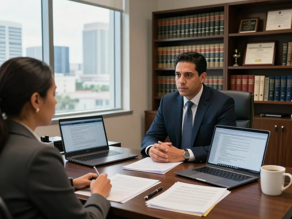 Tampa criminal attorney discussing case strategy with a client in a modern law office.