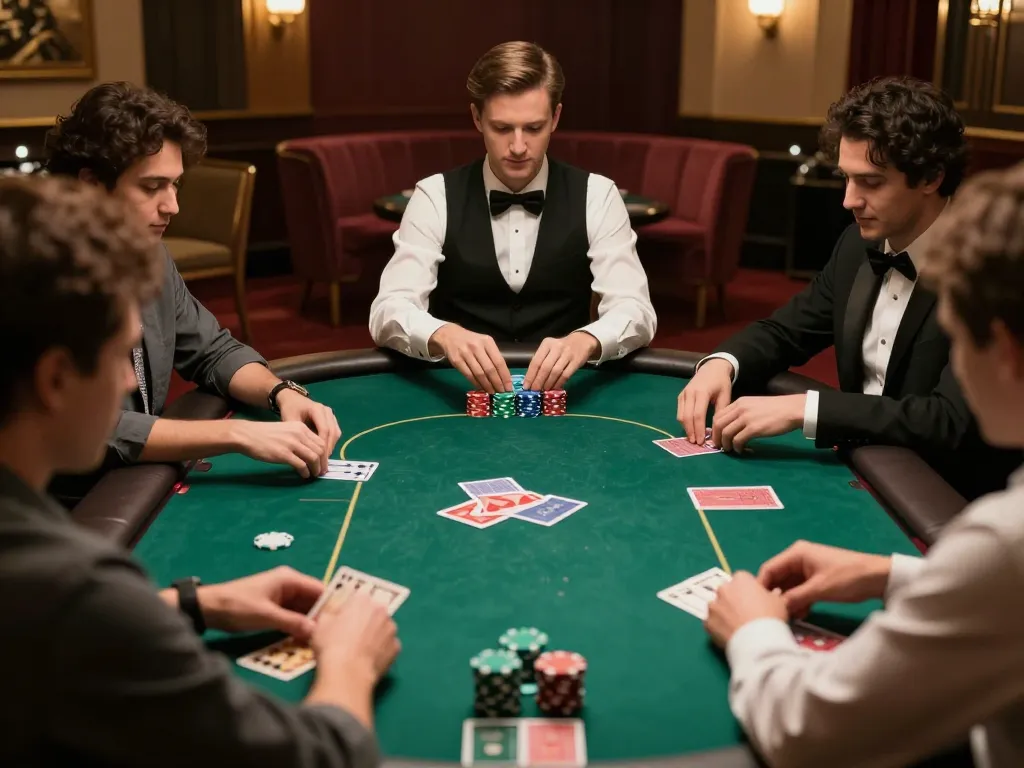 Players engaged in an intense poker game at a casino, rokok 88 chips stacked in front, showcasing strategic gameplay.