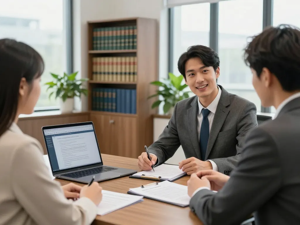 USA lawyers discussing legal strategies in a modern office setting.