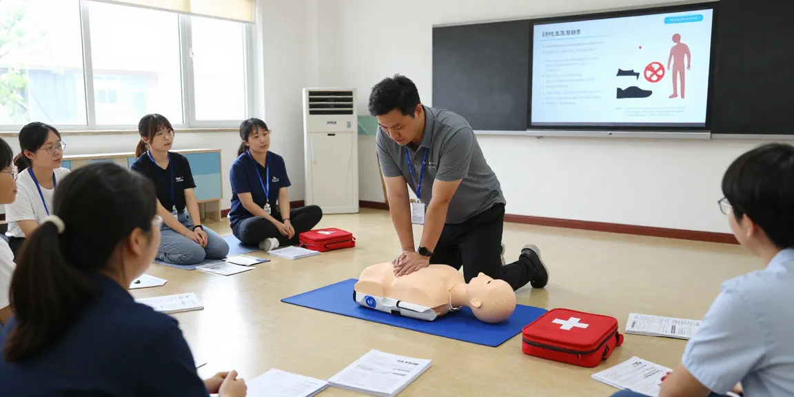 Participants learning CPR techniques with Little Anne QCPR manikin during training session in a bright healthcare setting.