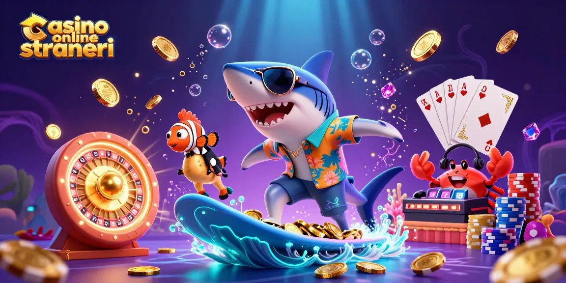 Scopri le emozioni dei casino online stranieri con una scena vibrante di creature marine e giochi da tavolo.