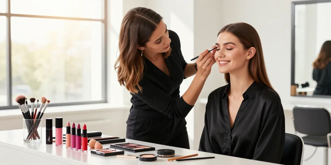 Applying eyeliner stencil for a perfect makeup look in a bright beauty studio