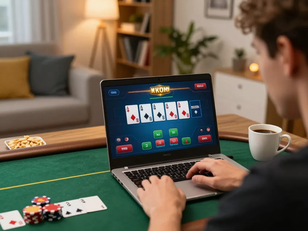 RR88 player placing strategic bets during an exciting online poker game at home.