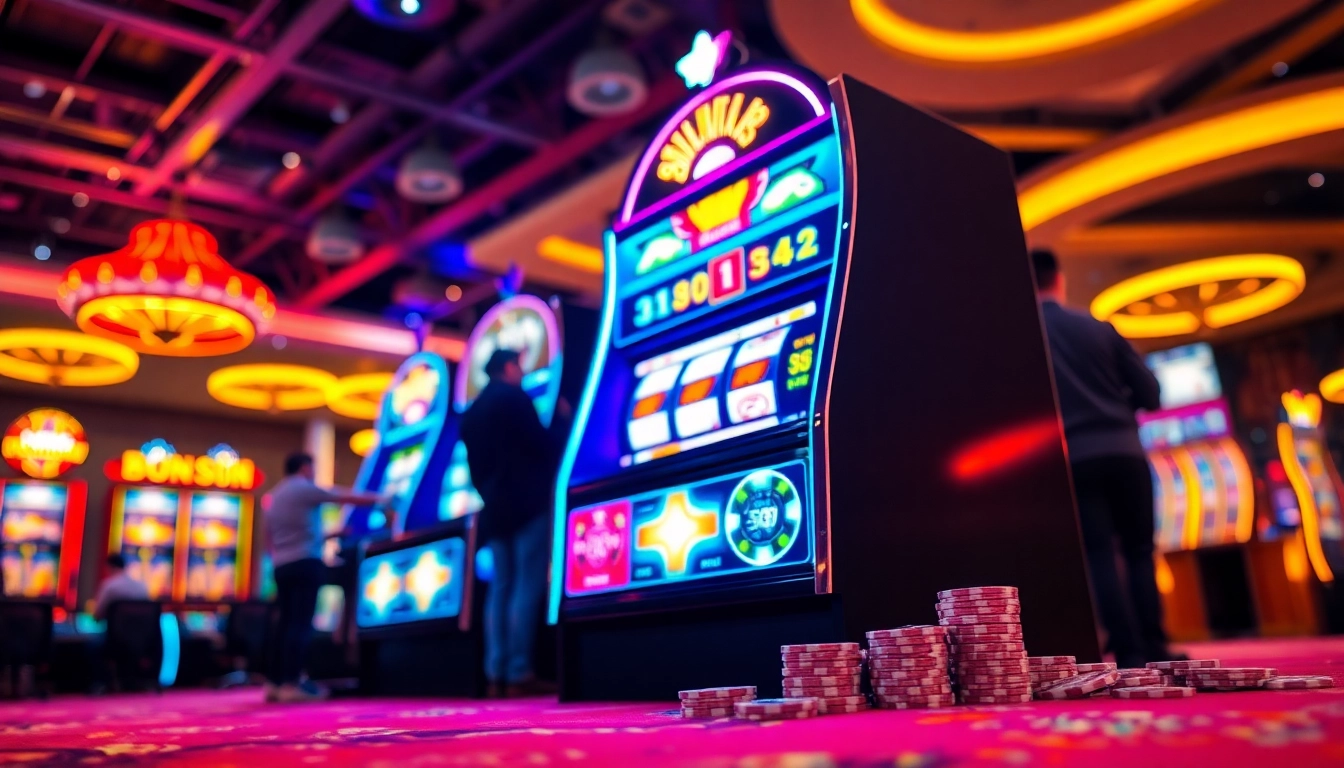 Experience vibrant action at Online slots Uk with players engaged around a colorful slot machine.