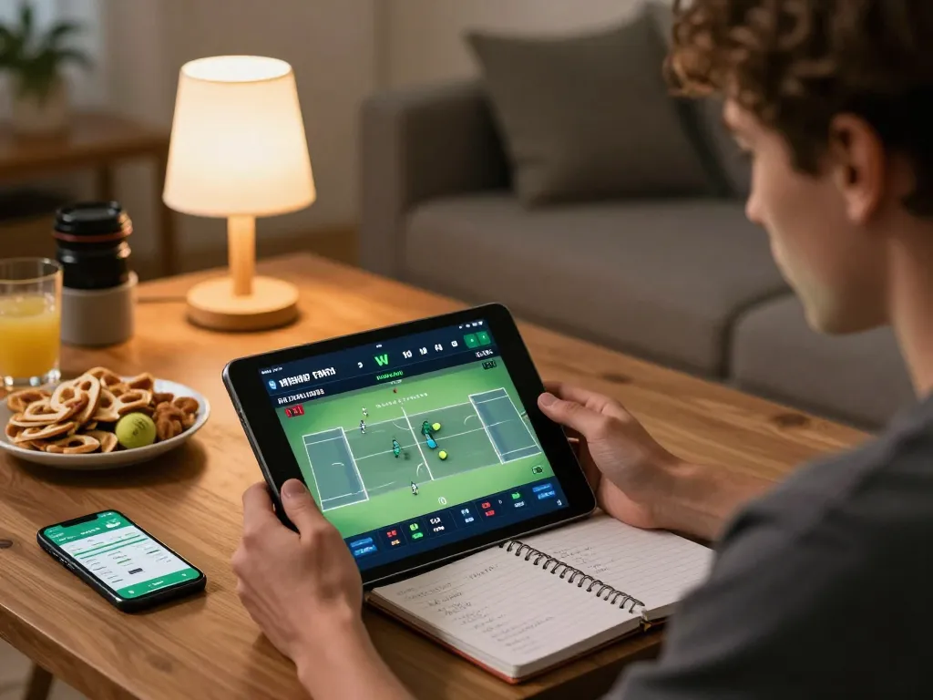 Engaged player analyzing tennis odds at RR88 on a tablet for strategic betting.