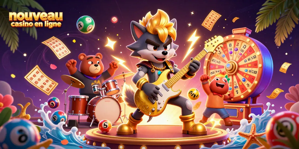 Illustration vibrante du nouveau casino en ligne avec un loup rock star, un ours batteur et des éléments de jeu dynamiques.