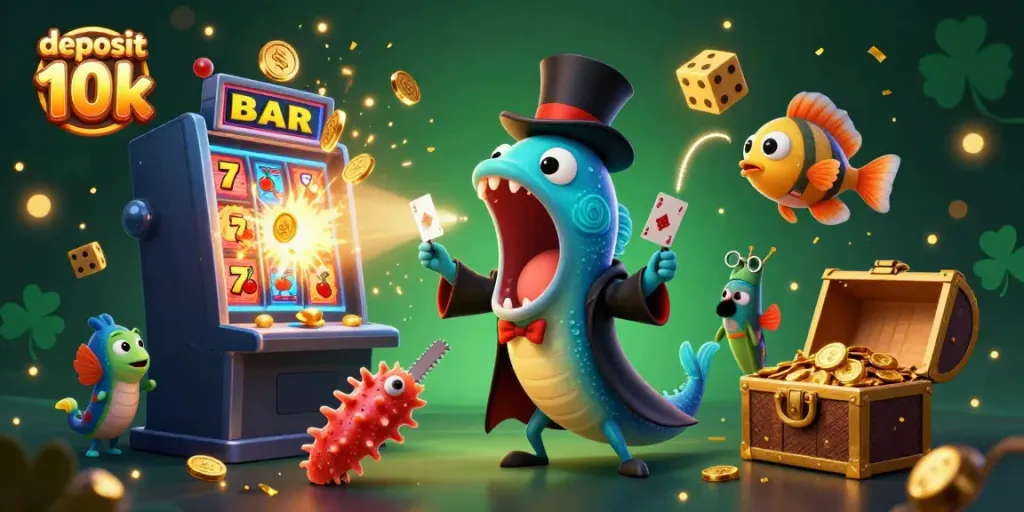 Permainan slot deposit 10k dengan jackpot koin dan simbol keberuntungan yang dipamerkan oleh karakter laut.