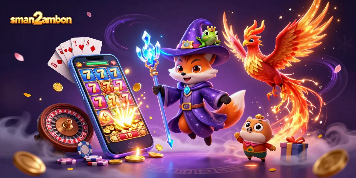 Gambarkan sman2ambon dengan wizard kartun, phoenix, dan elemen kasino lainnya.