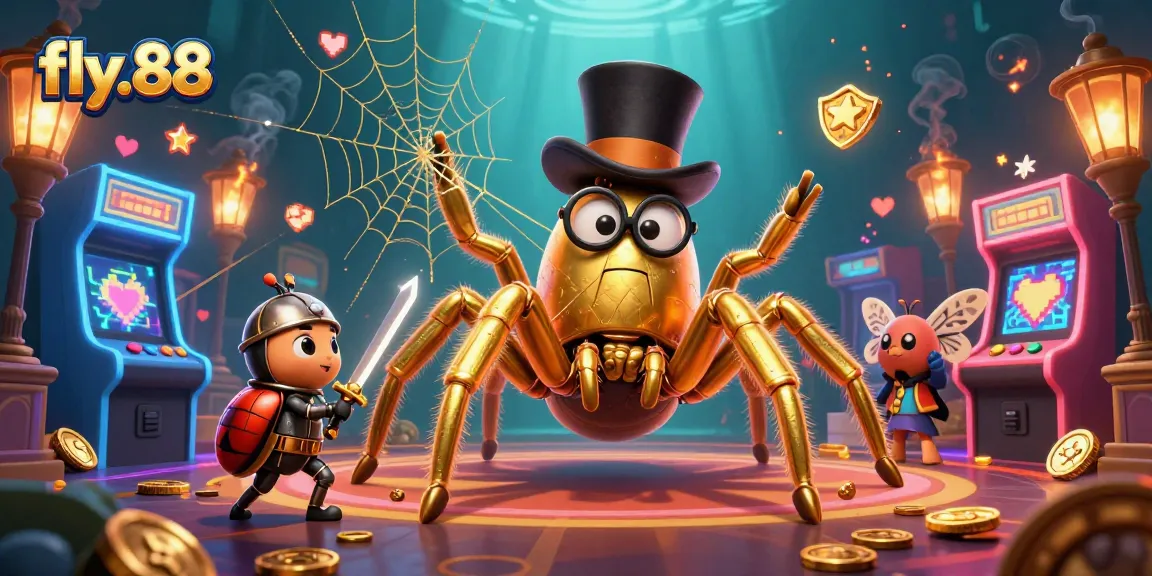 Engage with fly.88's dynamic casino environment featuring a golden tarantula and beetle knight in rich, vibrant 3D illustration.