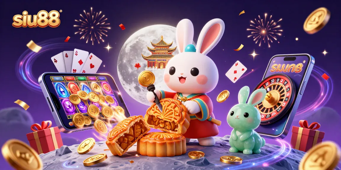 Enjoy siu88's dynamic online gaming with a lively scene featuring casino icons and Chinese folklore.
