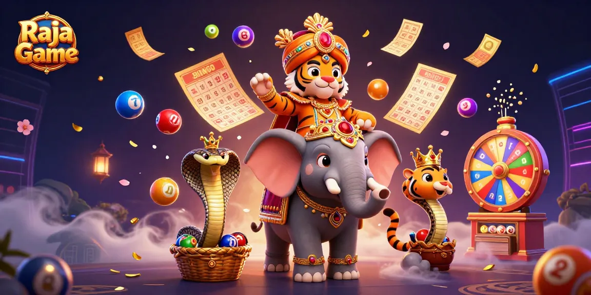 Engage in exciting gaming with Raja Game featuring a 3D maharaja, elephant, and vibrant lottery elements.