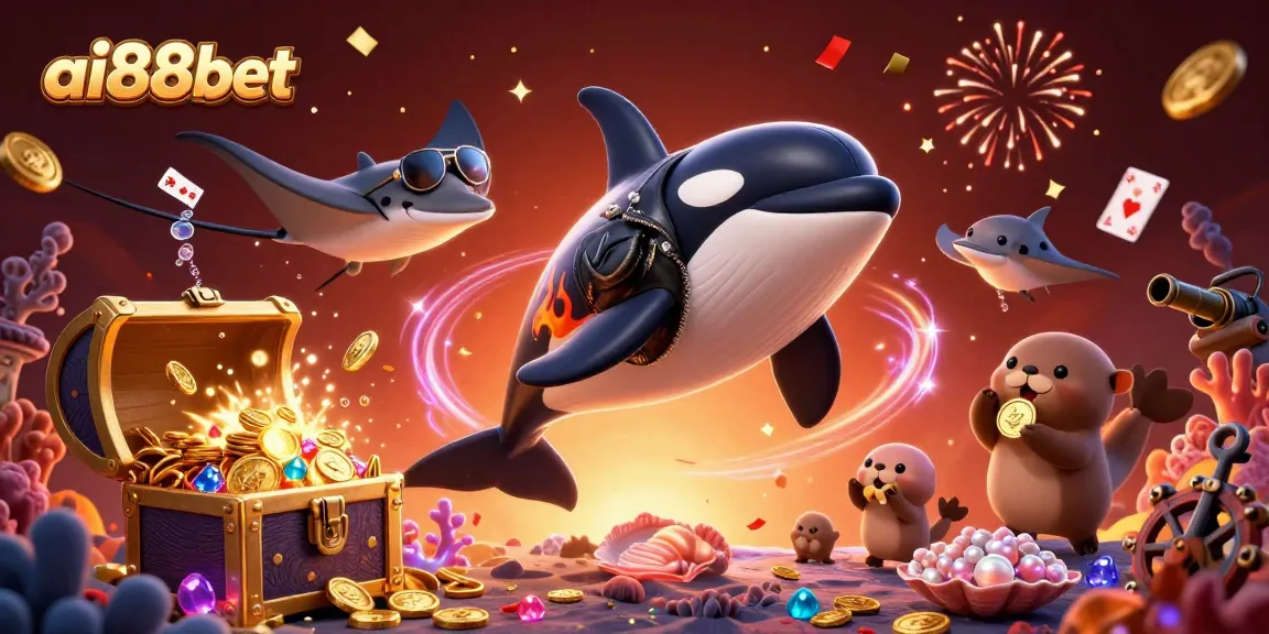 A high-energy 3D illustration showcasing AI88BET's underwater casino theme with characters interacting amidst gold coins and vibrant decorations.