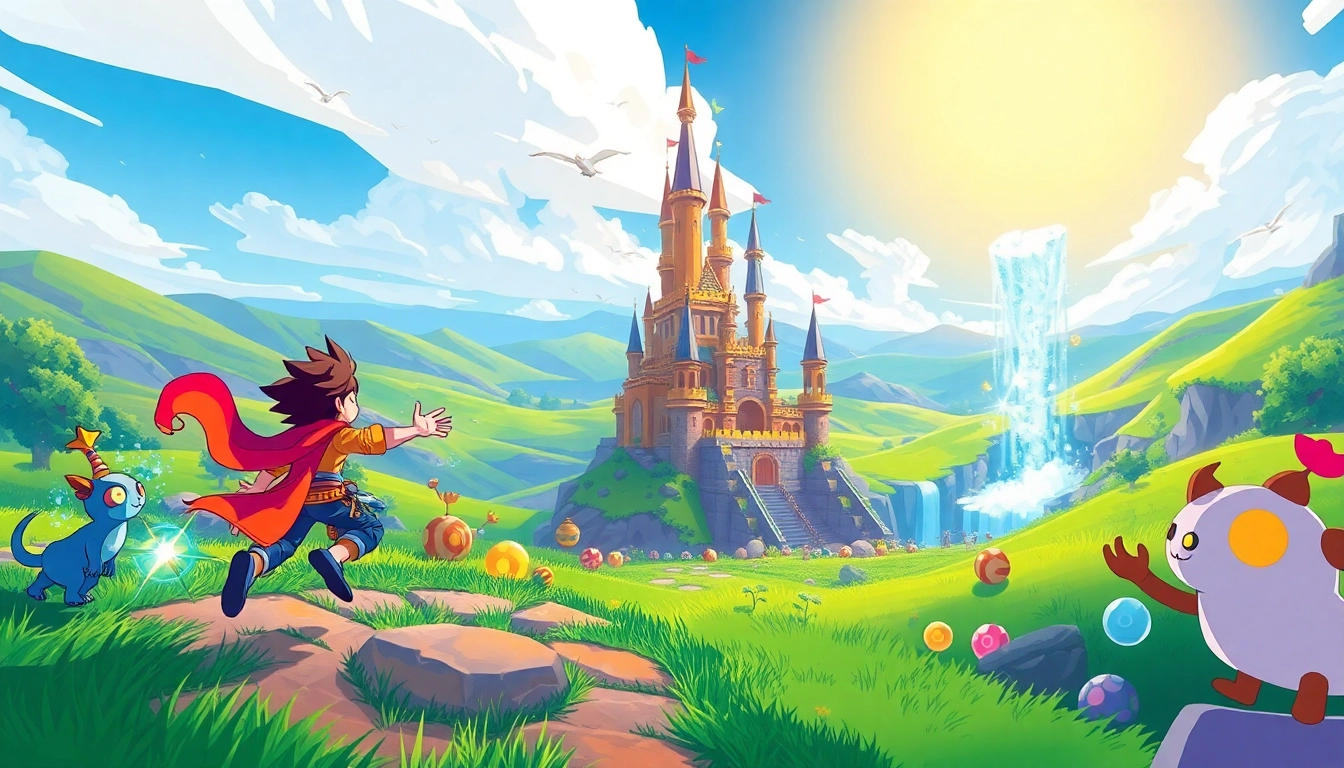 Yono game character in action, launching towards a fantastical castle with vibrant landscapes.
