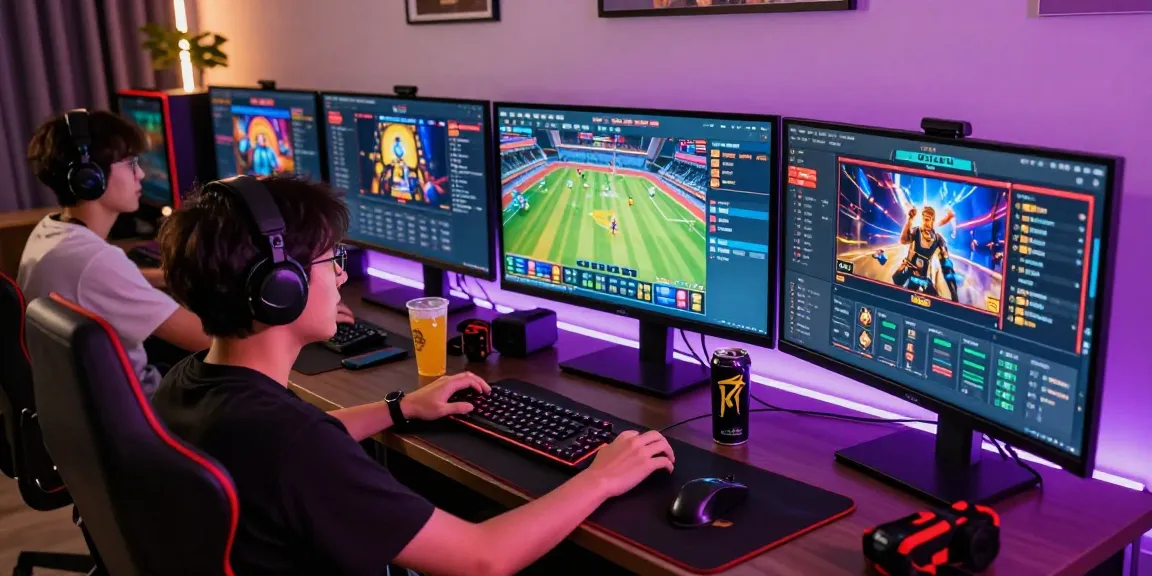 Intense gaming atmosphere showcasing raja328 situs with multiple screens and vibrant setup.