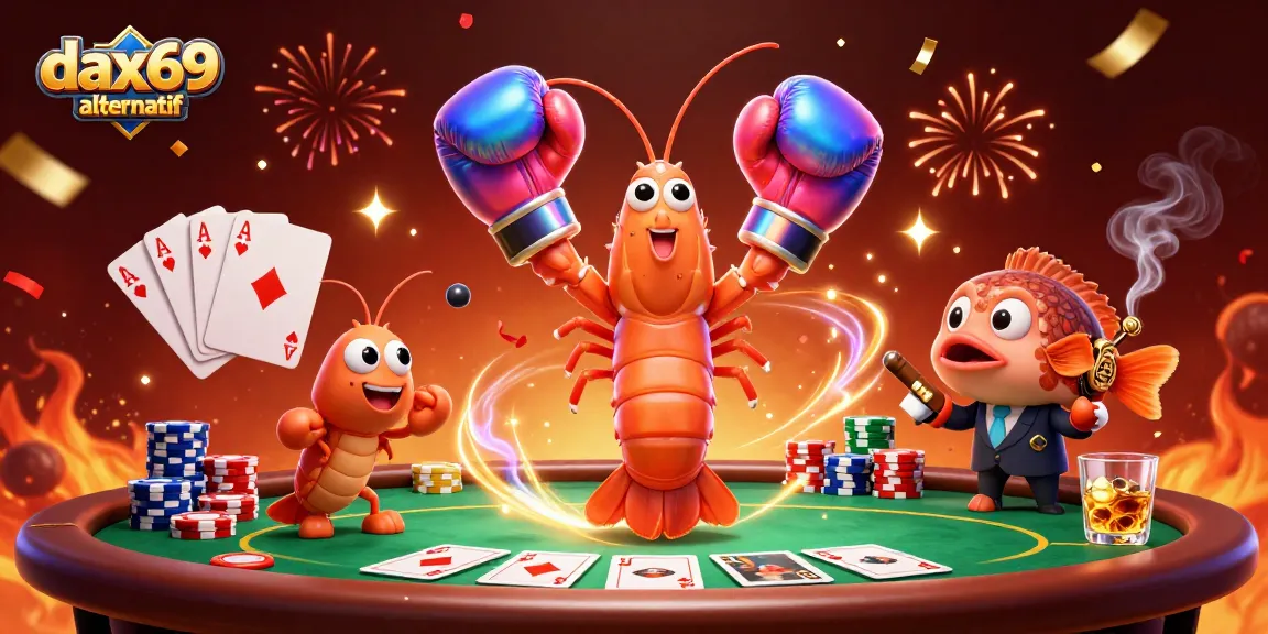 Gambar ilustrasi 3D dari "dax69 alternatif", menunjukkan permainan poker yang mendebarkan dengan karakter udang mantis dan pendukungnya.