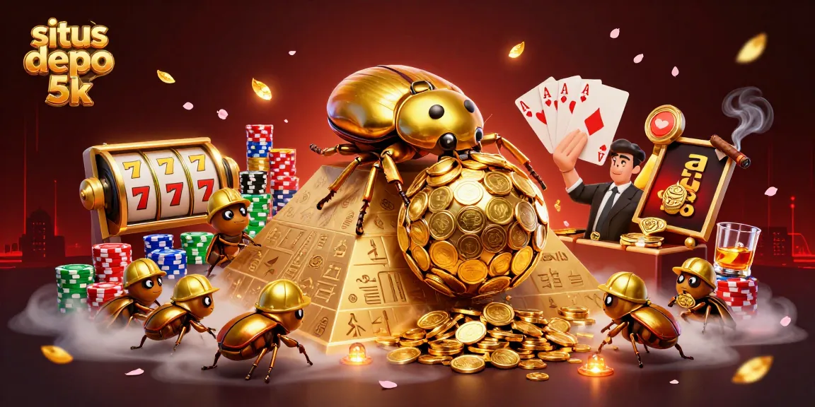 Experience the excitement of situs depo 5k with enchanting golden beetles amidst casino symbols and vibrant colors.