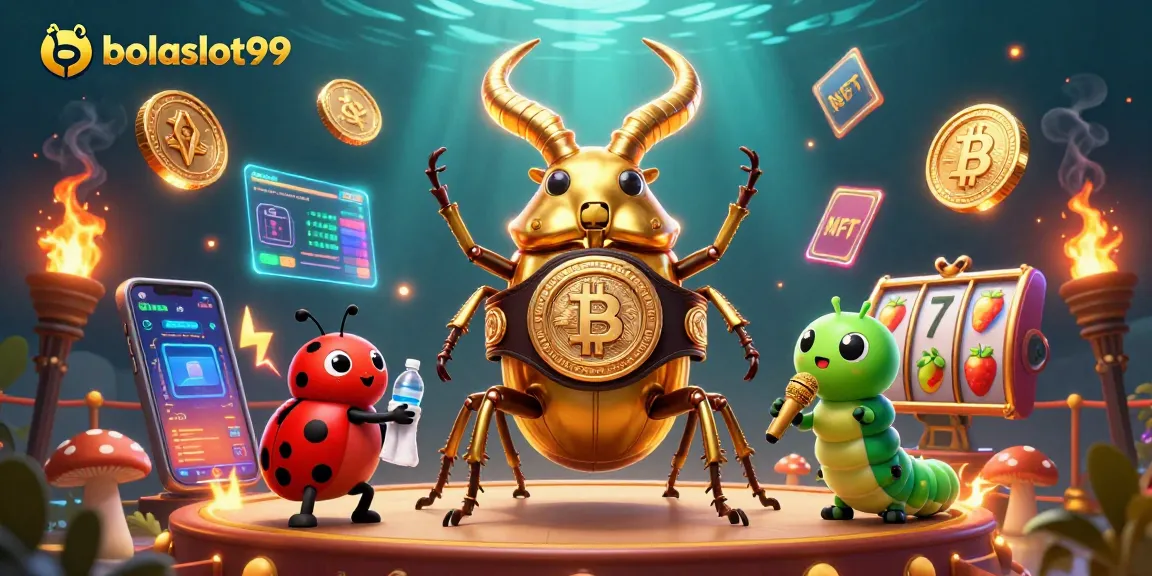 Engage with bolaslot99's vibrant slots scene featuring a golden stag beetle and crypto elements.