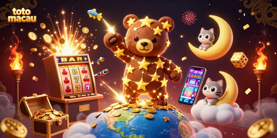 Rasakan keseruan togel online di Toto Macau dengan jackpot dan simbol keberuntungan yang tersebar di seluruh gambar.