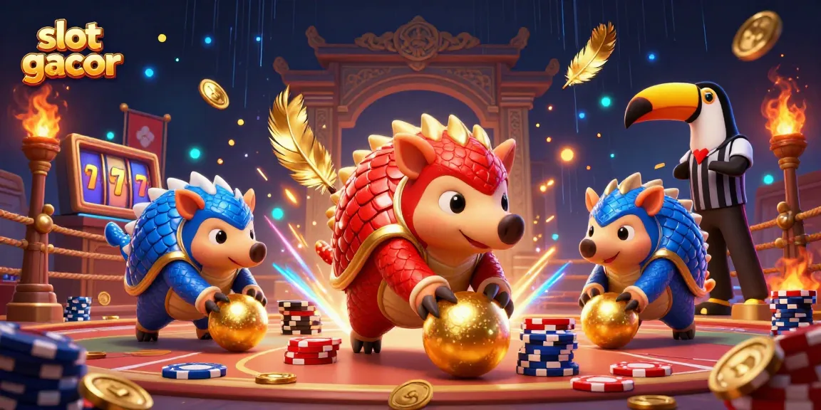 Slot gacor menarik perhatian dengan pangolin bertarung di arena kasino yang meriah.