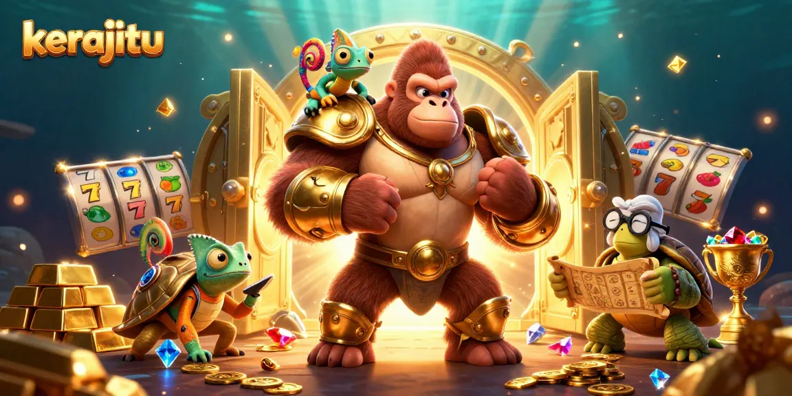 Engage in thrilling slots at kerajitu with a powerful gorilla king and colorful casino elements.